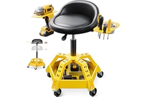 ACCUCRAFT Rolling Shop Stool with Wheels, Garage Mechanic Stool with Backrest, Metal Heavy Duty Roller Mechanic Chair with Tool Tray, 5-Wheel Anti-tip Design, Adjustable Height, 360° Swivel, 330 LBS