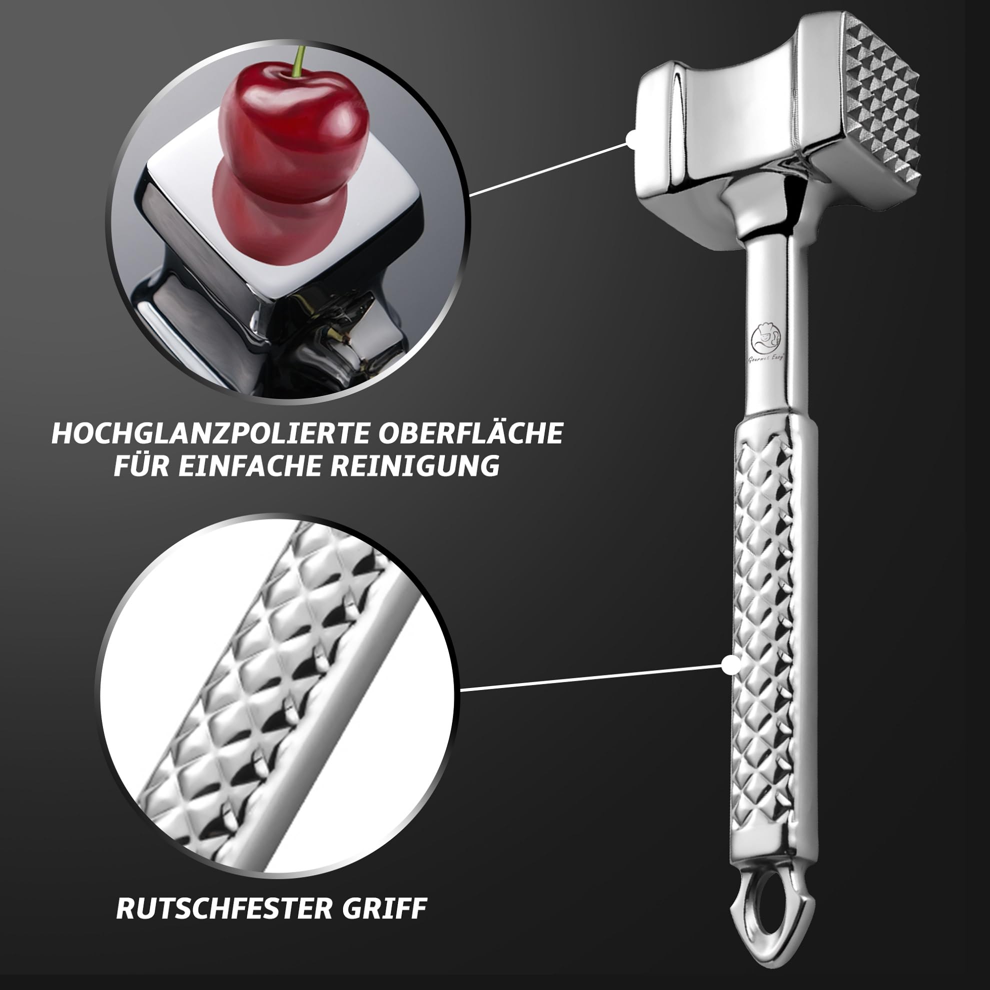 Fleischklopfer Edelstahl spülmaschinenfest - Original Design - Doppelseitiger Schnitzelklopfer ideal für Schnitzel, Koteletts, Steaks - Fleischhammer mit 5 Jahre Garantie 3