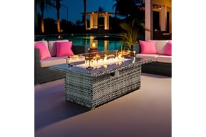 TINKLE WELL 43-Inch Propane Gas Fire Pit Table 60,000 BTU Flame, Rectangular Glass Top Wicker Rattan Fire Table with Wind Guard, Auto-Ignition Fire Table, Gray