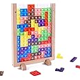 Wooden Blocks Puzzle Brain Teasers Toy, Intelligent Colorful 3D Plastic Blocks Game with Vertical Wood Frame Game Board, Tangram Educational Montessori Toys Gift for Kids Age 4-8 Years Old