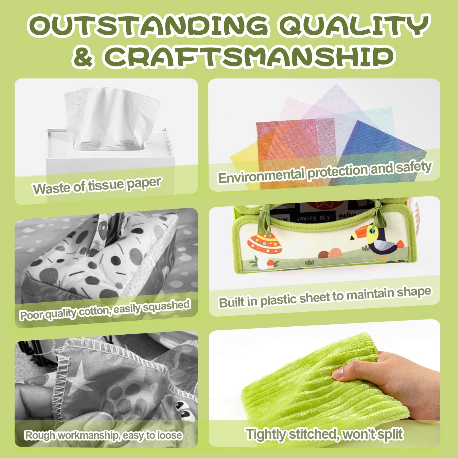 Jollybaby High Contrast Baby Tissue Box Toy for Baby 6-12 Months, Montessori Sensory Learning Toys for 1 Year Old Infant with Teether Crinkle Paper, Tummy Time Mirror Toys for Newborn Gift, Green