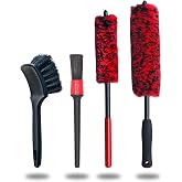oesee Professional 4 Pack Long Handle Wheel Brush Kit for Cleaning Wheel and Tire- 2X Soft Wheel Cleaning Brush, Detailing Brush and Stiff Tire Brush, Bendable&amp; Durable Wheel Rim Cleaner Brush Set