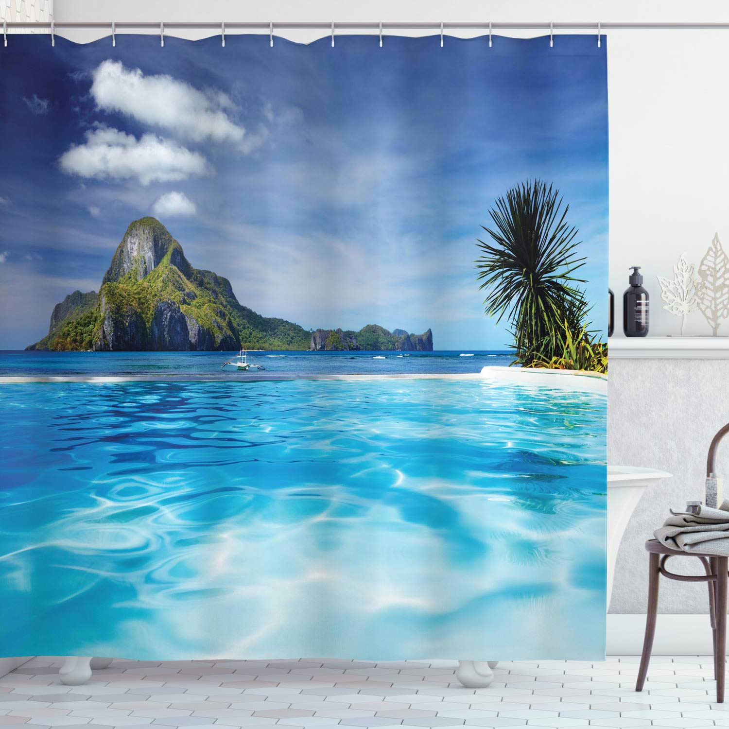 ABAKUHAUS Landscape Shower Curtain, Landscape with Swimming Pool and Distant Island Tropic Exotic Hawaiian Theme, Cloth Fabric Bathroom Decor Set with Hooks, 94 Inches, Turquoise Green