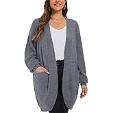 LARACE Long Cardigans for Women Plus Size Tops Open Front Sweaters with Pockets Waffle Ribbed Sleeve Loose Fall Outwear