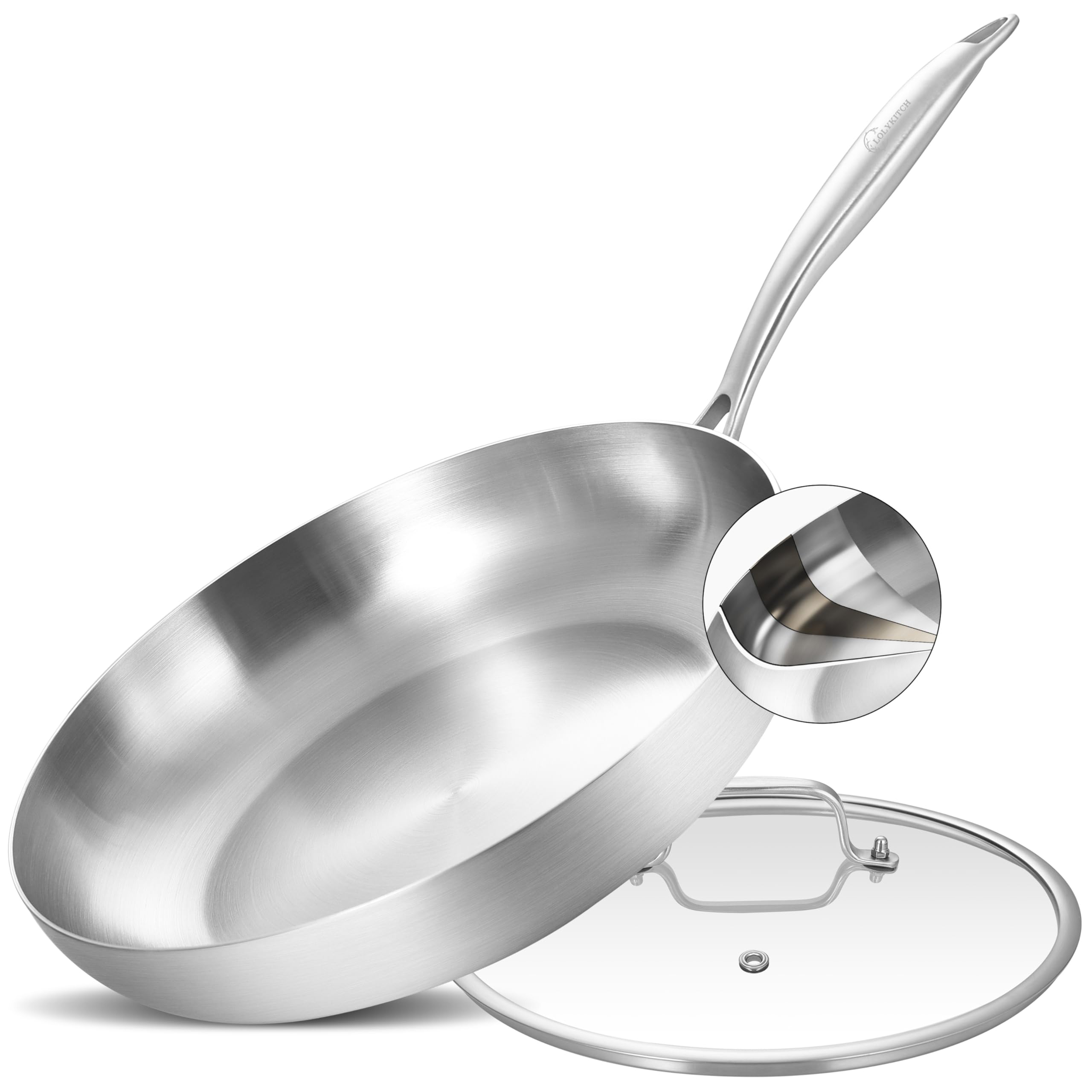 Photo 1 of LOLYKITCH 12 Inch Tri-Ply Stainless Steel Frying Pan with Lid,Skillet,Induction Cooking Pan,Oven Safe and Detachable Handle