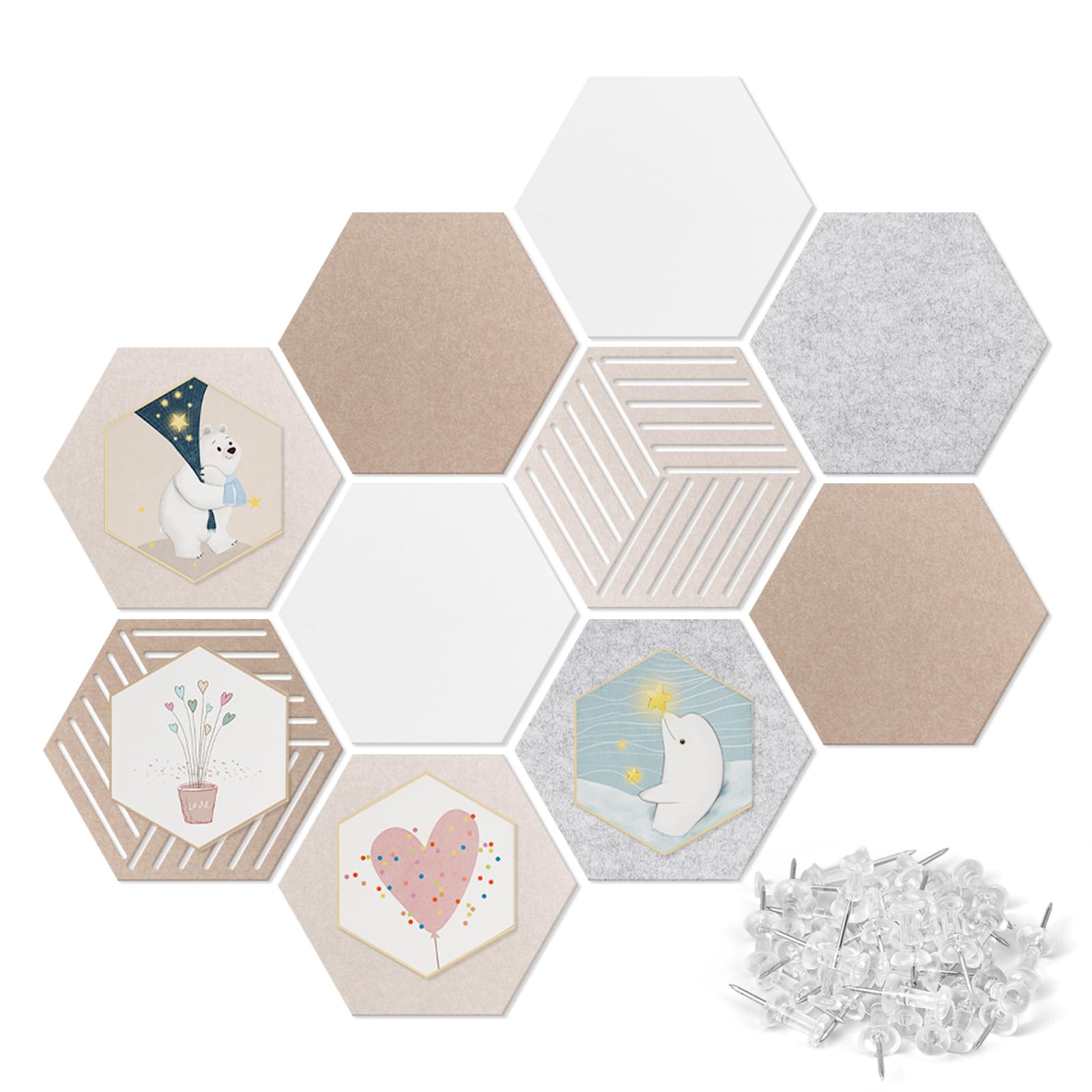 Photo 1 of AIBOVI Hexagon Cork-Bulletin Board Tiles 10 Pack 12'' x 10'' Adhesive Small Cork Board Hexagon for Office Wall Decor, Cute Pinboard with 30 Push Pins