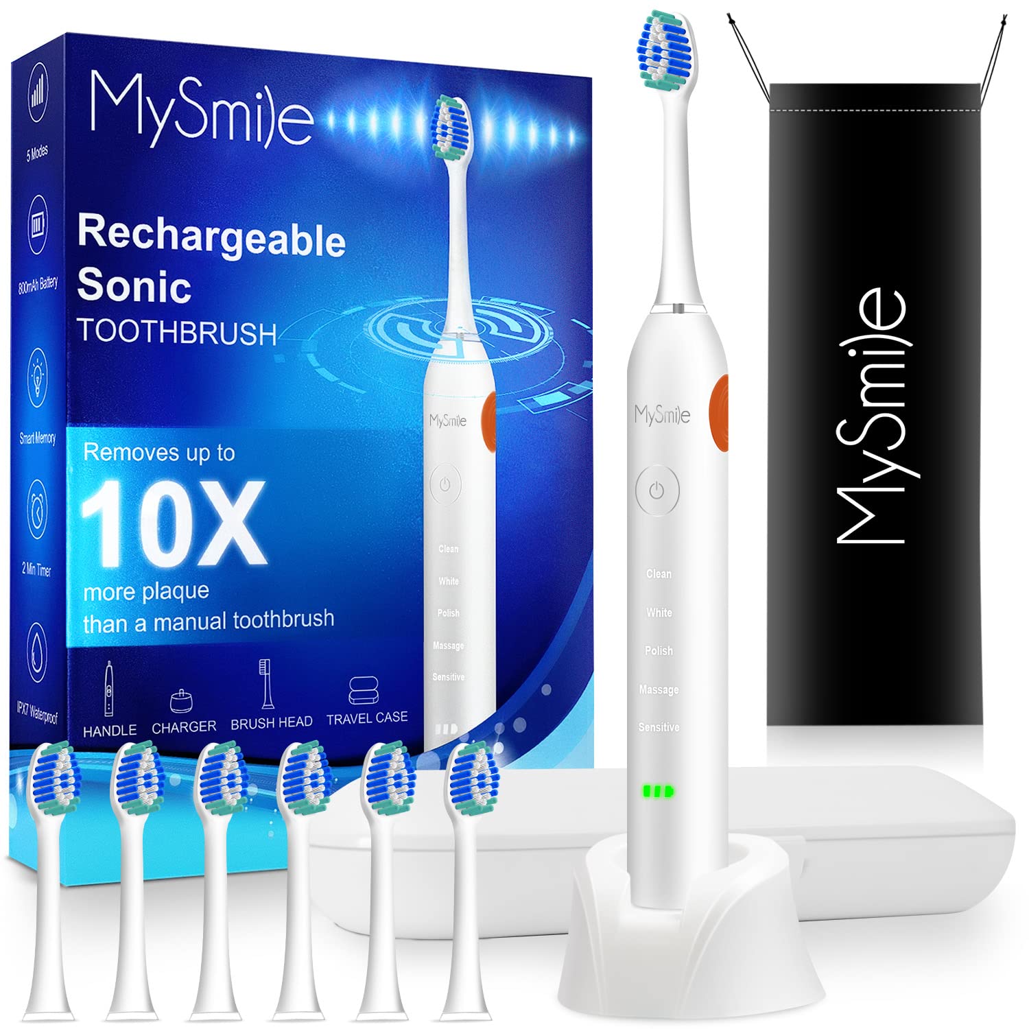Photo 1 of MySmile Electric Toothbrush for Adults, Rechargeable Sonic Electronic Toothbrush with 6 Brush Heads and Travel Case, 2 Mins 5 Modes Smart Timer, 48000VPM (White)