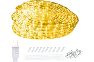ollrieu 50ft 360 LED Rope Lights, 110V Warm White 3000K, Waterproof Classic Clear Rope, Indoor/Outdoor, Patio, Flexible, Linkable, Durable