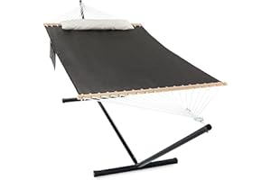 Gafete Waterproof Double Hammock with Stand for Outside Heavy Duty, 2 Person 55'' Large Quick Dry Textilene Hammocks with Hardwood Spreader Bar, Pillow, Side Pocket, 475lbs Capacity (Glorious Black)