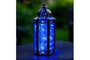 VELA LANTERNS 10.5" Metal Moroccan Decorative LED Fairy Lights Candle Lantern Holders for Indoor Home Fantasy Decor, Table Centerpieces, Outdoor Patio or Porch, Weddings, Blue, Medium