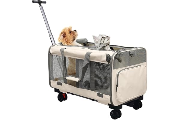 Foldable Large Pet Carrier with Wheels—Accommodates Two Pets, Includes cat Toy and Storage Strap. Breathable and Portable, Id