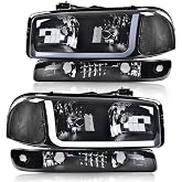 G-PLUS LED DRL Headlights Assembly Fit 1999-2007 GMC Sierra 1500 | Front Bumper Headlamps,Fit 2001-2007 GMC Sierra 1500 HD,Smoky Lens Black Housing Clear Reflector,faros delanteros