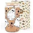 Coolife Ghost Halloween Cup, 16 oz Tumbler Glass Cups w/Lids Straws - Spooky Iced Coffee Mug for Smoothie, Cute Halloween Gifts for Women, Girls - Boo Basket Stuffers, Spooky Gifts for Teens, Her