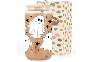 Coolife Ghost Halloween Cup, 16 oz Tumbler Glass Cups w/Lids Straws - Spooky Iced Coffee Cup, Smoothie Cup, Cute Halloween Gifts for Women, Girls - Boo Basket Stuffers, Spooky Gifts for Teens, Her