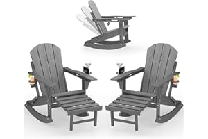 PLUUV Folding Adjustable Adirondack Rocking Chair Set of 2 with Retractable Ottoman and Cup Holders, Outdoor HDPE Adirondack Rocker Patio Chair, Wood Like Reclining Adirondack Chair, Gray