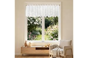 White Lace Short Sheer Valance Curtain, Vintage Short Cafe Curtain with Phoenix-Tail Flower Embroidered Pattern, Rod Pocket L