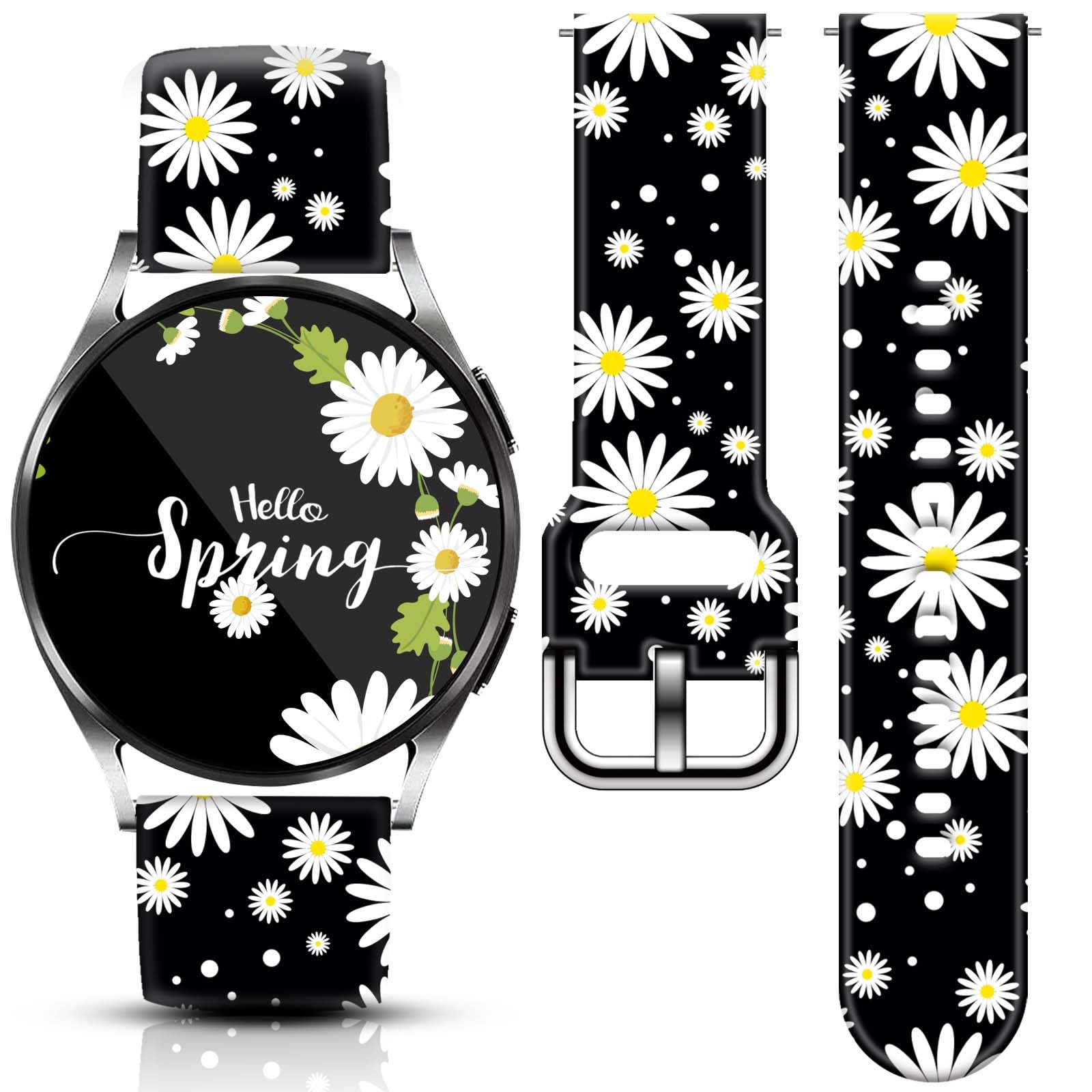 Photo 1 of 20mm Black Floral Daisy Watch Band Compatible with Samsung Watch Band for Women Galaxy Watch 7/6/5/4 40mm 44mm/Watch 6 Classic 43mm 47mm/Watch 5 Pro 45mm/Watch 4 Classic/Active 2 Smartwatch Replacement Band