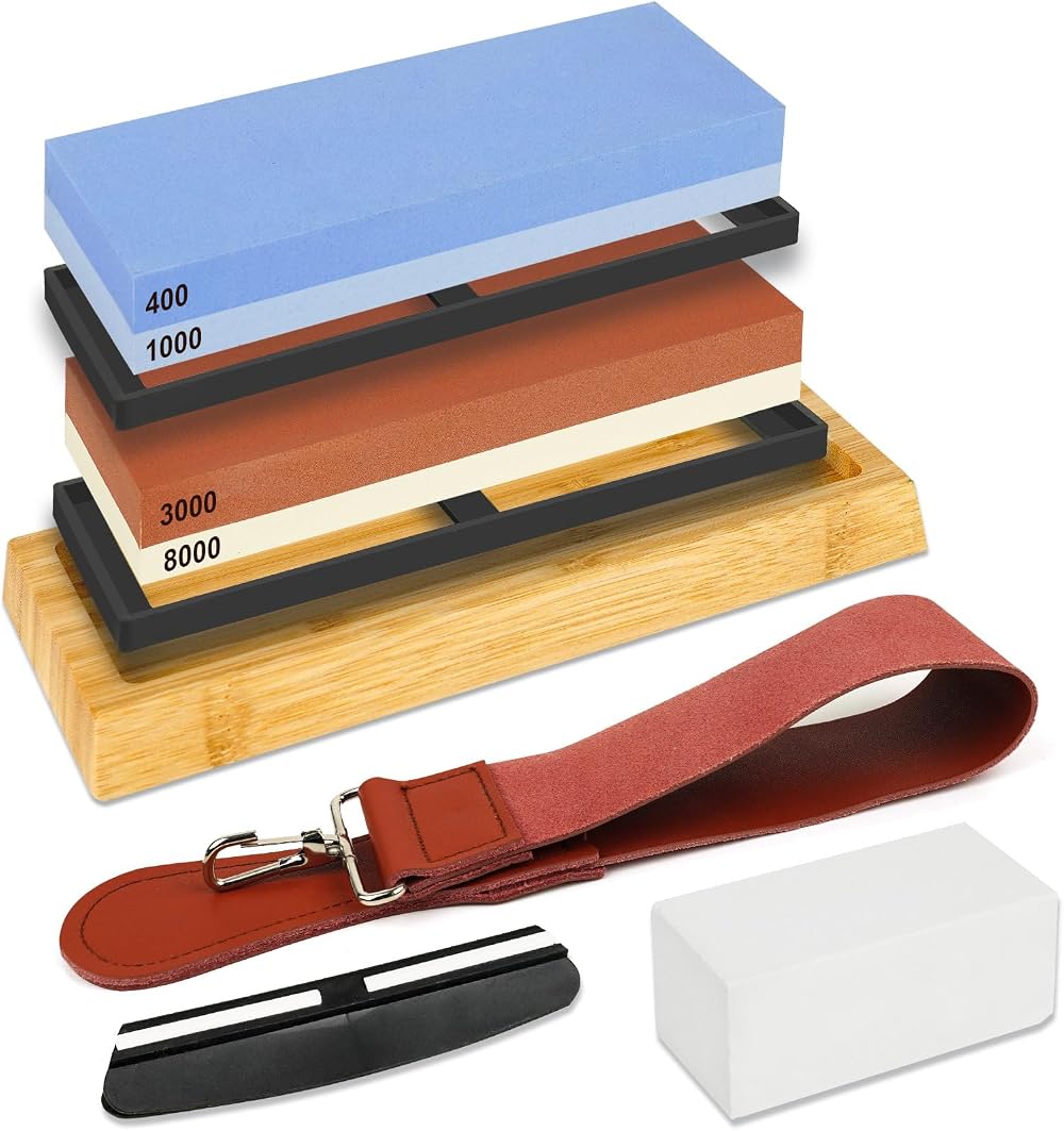 RISEMART Knife Sharpening Stones Set 400/1000 3000/8000 Grits with Base