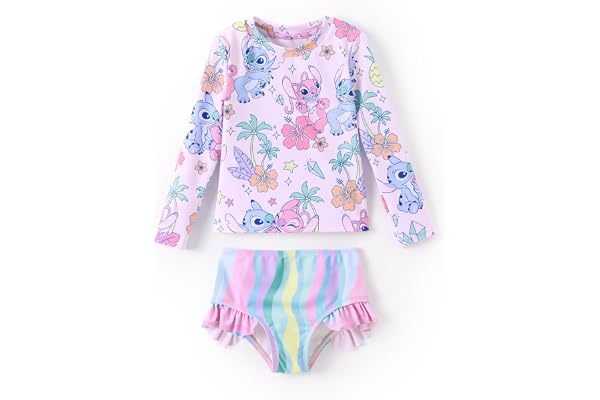 Disney Frozen Elsa Stitch Marvel Toddler Girl Two Piece Long Sleeve UPF50+ Swimsuit Rashguard Sets Bathing Suit