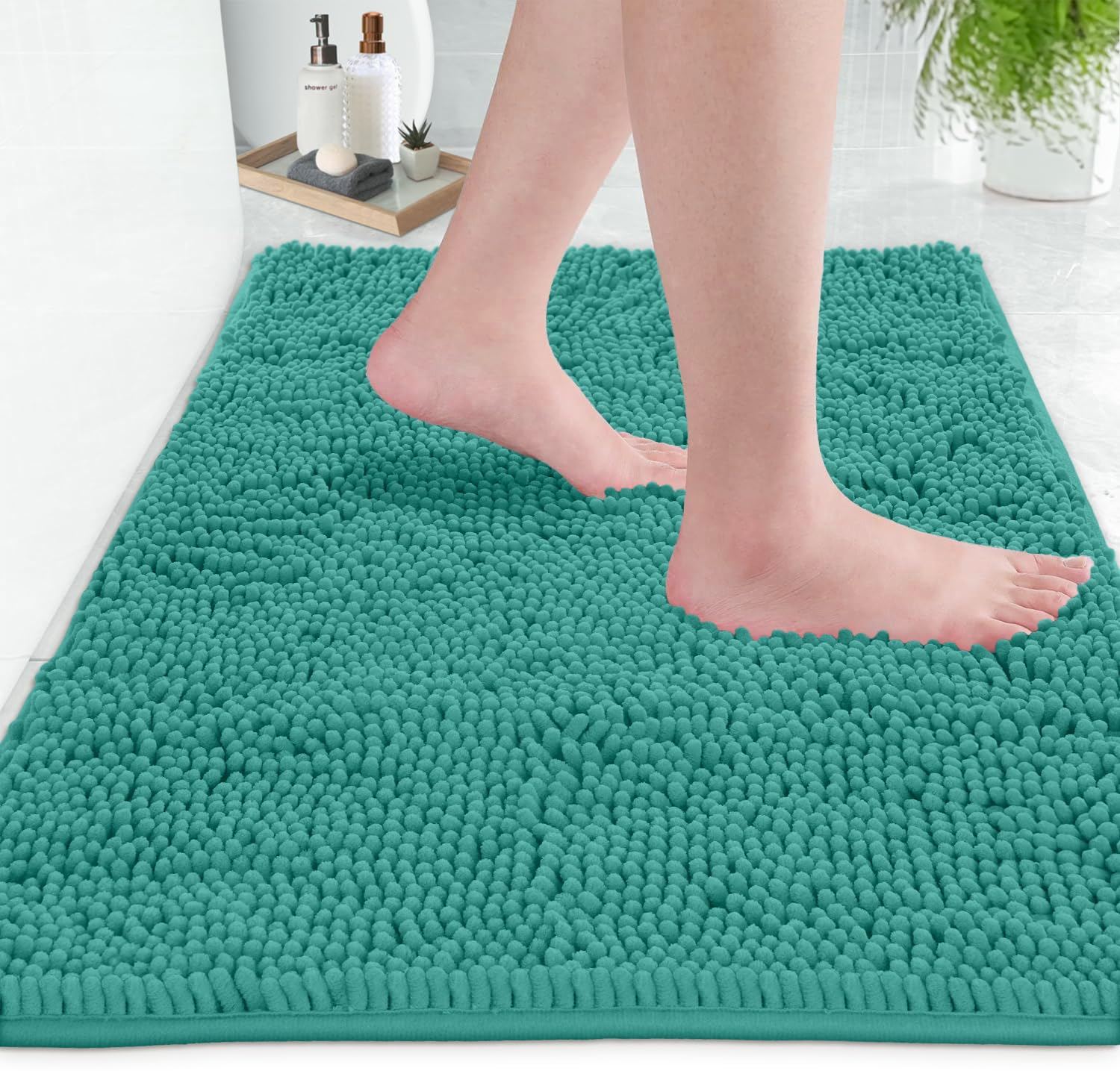 LuxUrux Bath Mat-Extra-Soft Plush Bath Shower Bathroom Rug, 1'' Chenille Microfiber Material, Super Absorbent Shaggy Bath Rug (Turquoise, 50 x 80 cm)