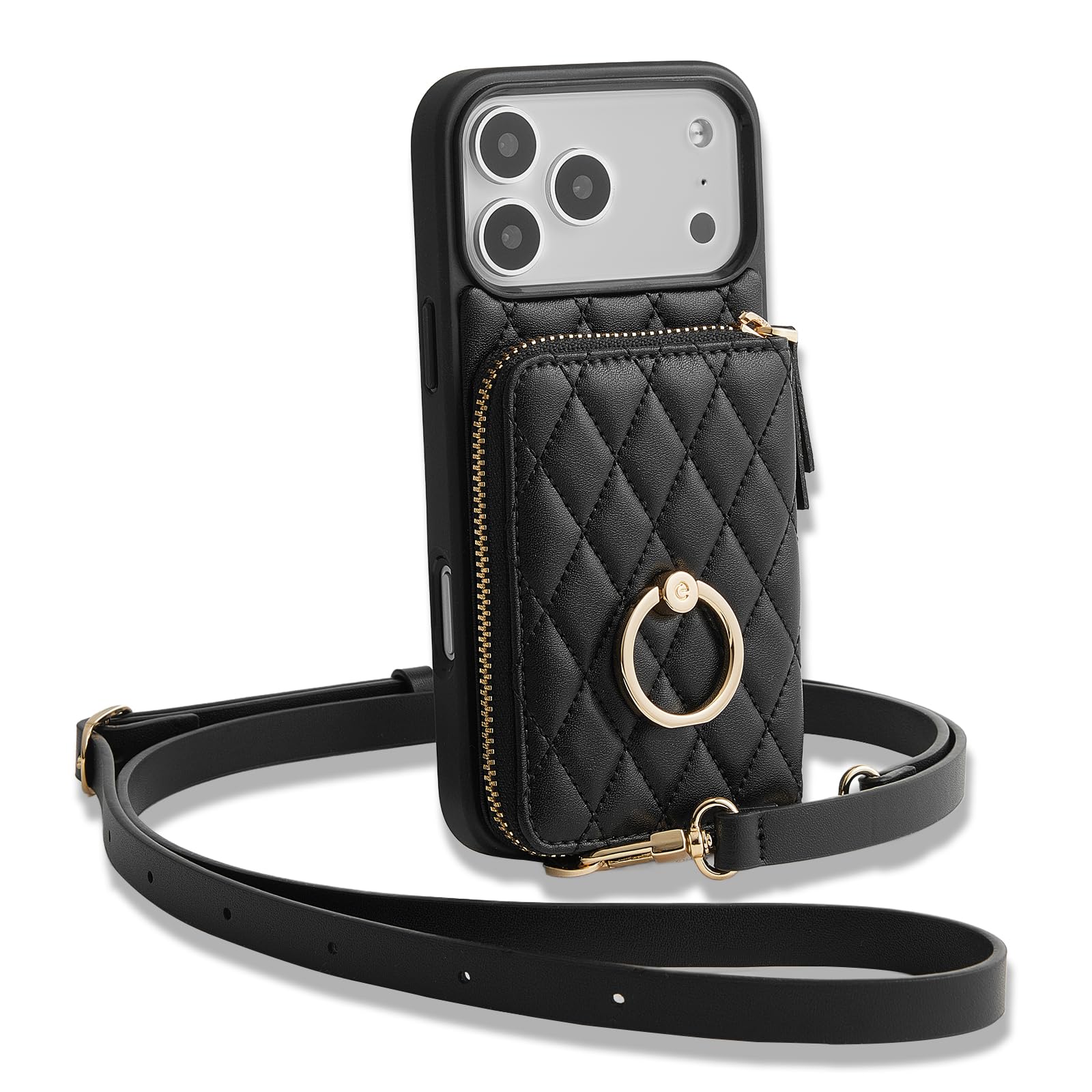 ZVE for iPhone 17 Pro Max Wallet Case for Women, Crossbody Purse with Wrist Strap Ring Holder Flip Cover 6.9 Inch-Black