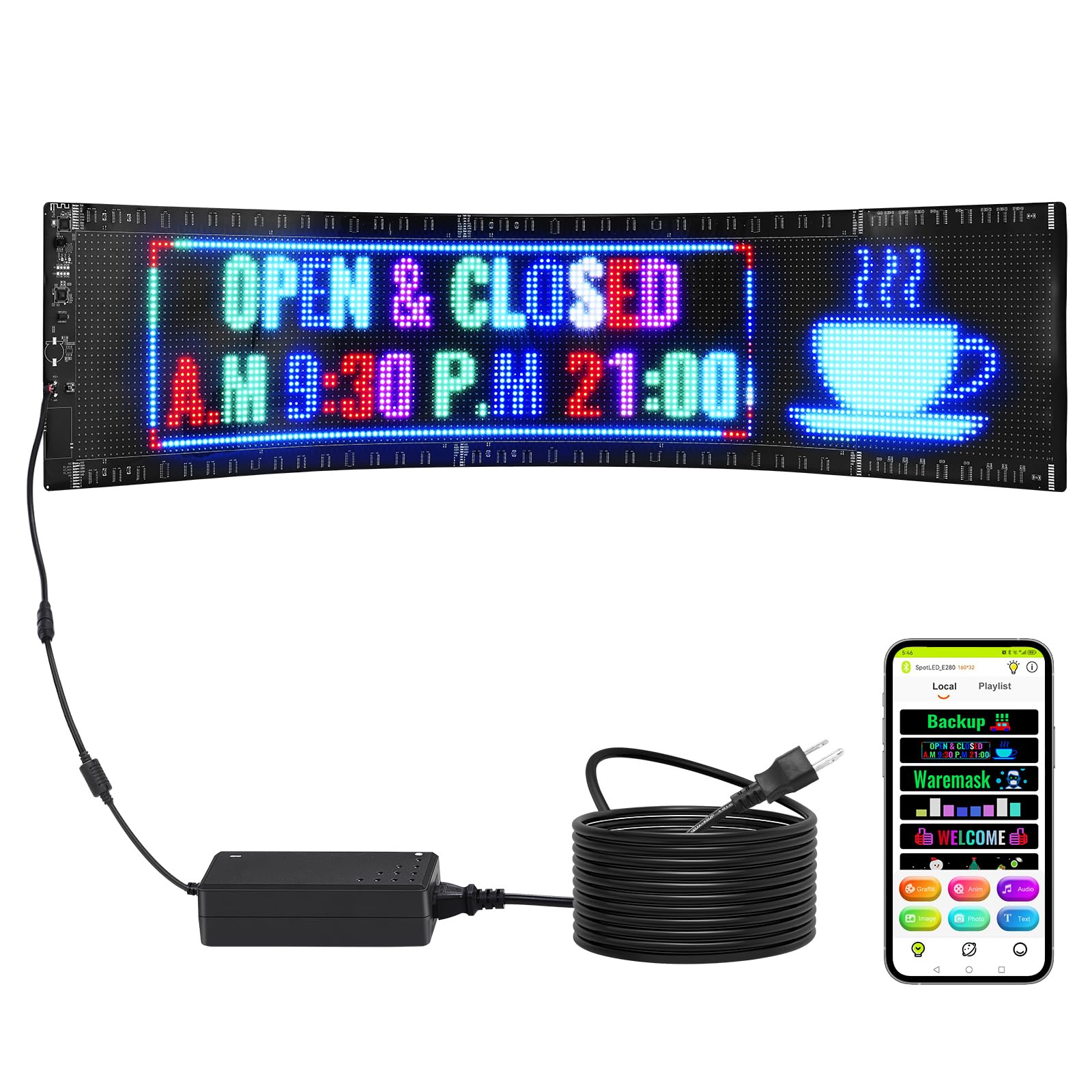 Photo 1 of VEVOR Programmable LED Sign, P5 Full Color LED Scrolling Panel, DIY Custom Text Animation Pattern Display Board, Bluetooth APP Control Message Shop Sign for Store Business Car Advertising, 33"x8"