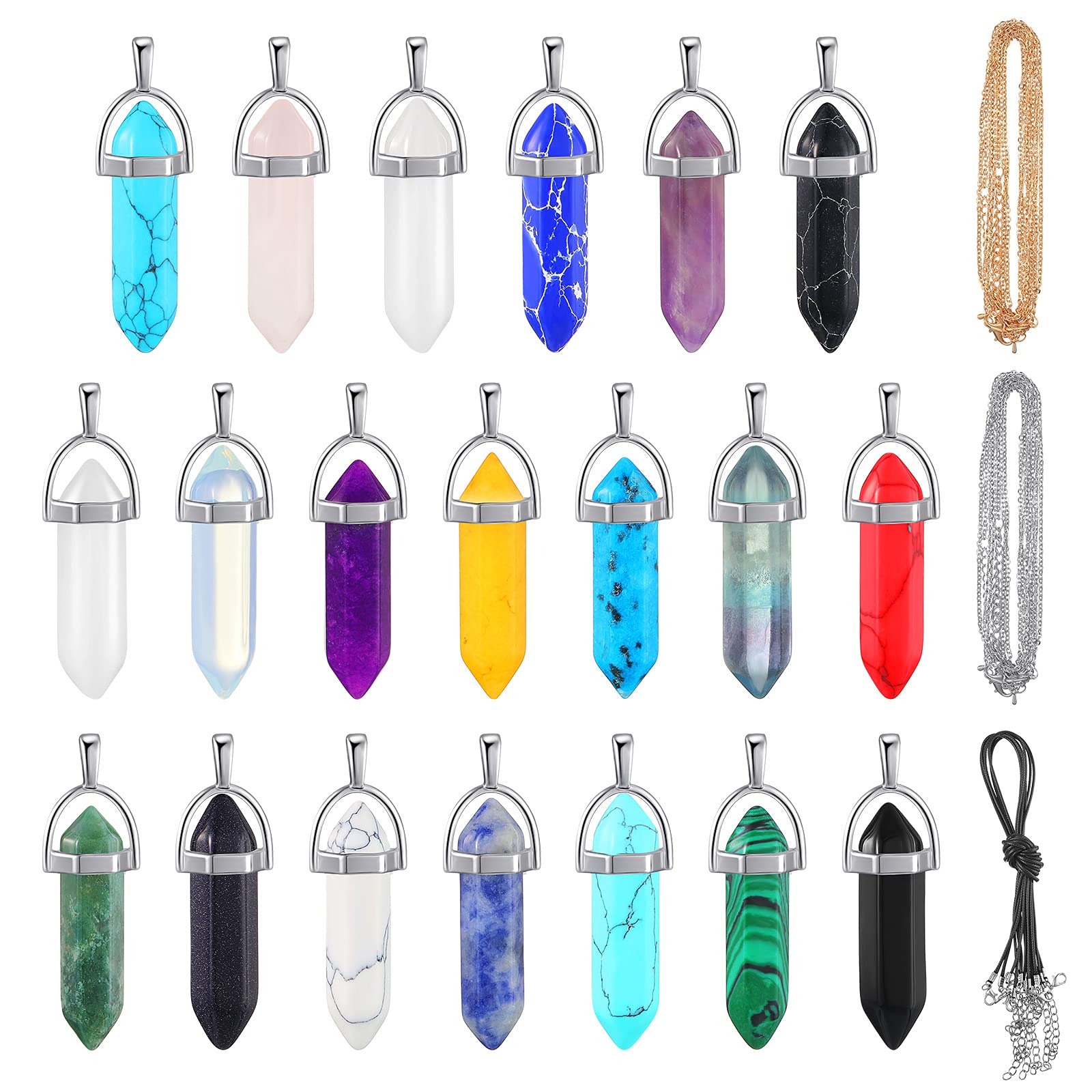 Batiyeer 40 Pieces Crystal Necklaces, Include 20 Hexagonal Pointed Chakra Pendant Bullet Shape Quartz Natural Hexagon Stone and Black Leather Silver Gold Alloy Chain