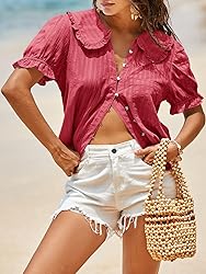 Tankaneo Womens Puff Sleeve Shirts Peter Pan Collar