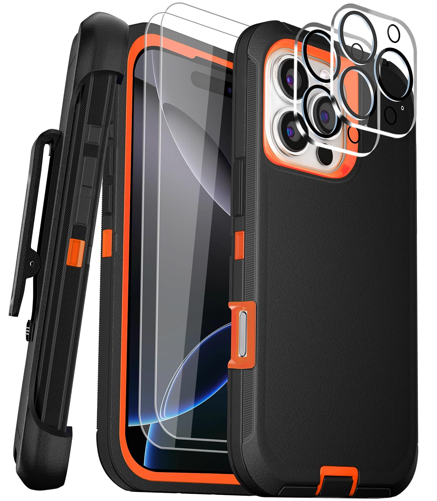 COLDNICE for iPhone 16 Pro Max Case 6.9" Belt Clip Kickstand with 2 Screen Protector & 2 Camera Lens Protector, Full Body Protection Heavy Duty Case Cover (Black Orange+Clip)