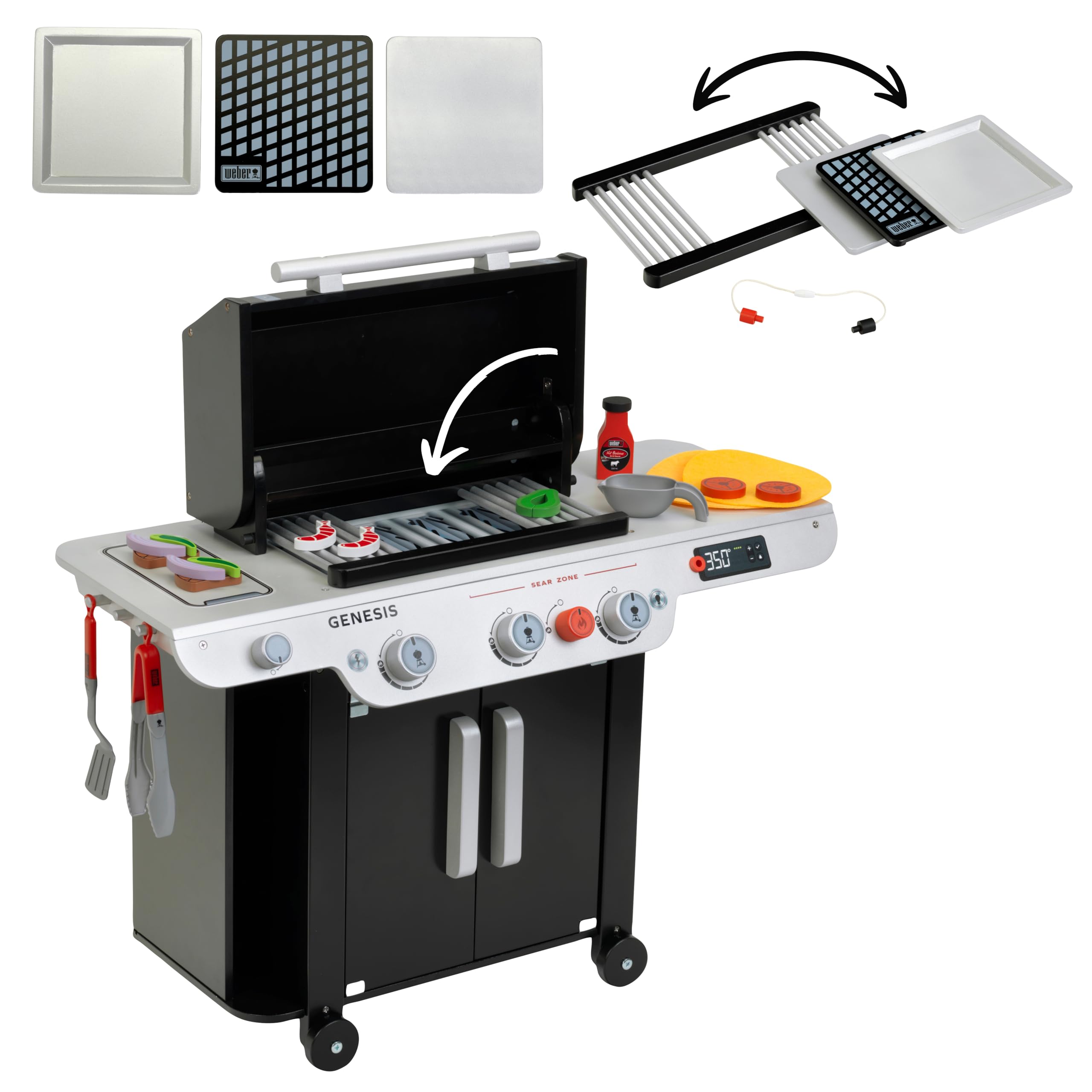 Theo Klein 9445 Weber Grill Genesis aus Holz inklusive Einsätze für Steak, Pizza oder Gemüse Mit Food-Attrappen und Grillbesteck Spielzeug für Kinder ab 3 Jahren 4