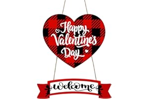 YUNKKIN Valentines Day Decor Happy Valentines Day Door Sign Heart Decor Valentines Day Welcome Sign Decor Red and Black Buffalo Plaid Wooden Valentine Wreath for Front Door Window Wall Farmhouse Home Decor