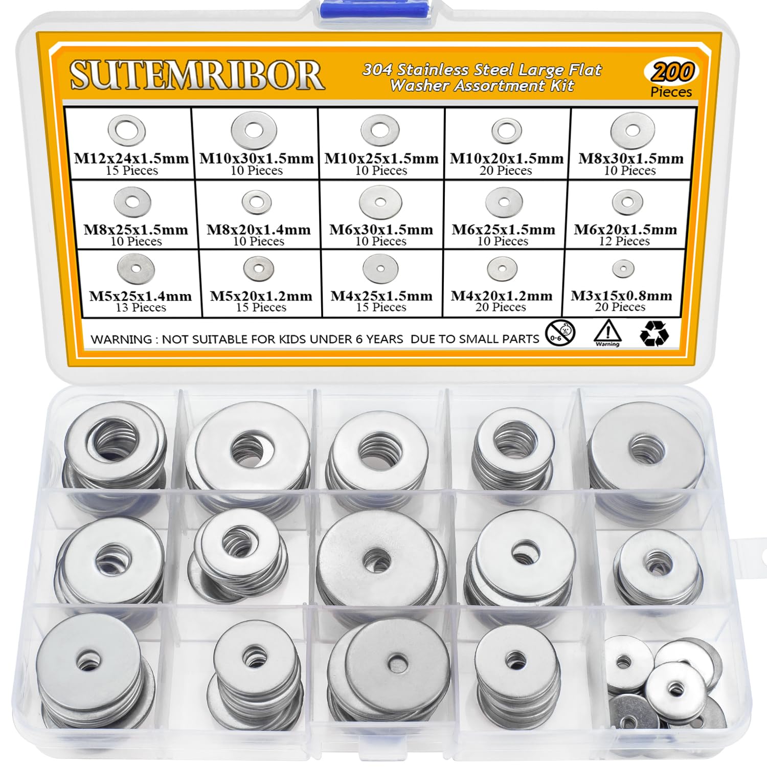 Sutemribor 304 Stainless Steel Large Fender Washer Assortment Kit 200 Pieces, 15 Sizes - M3 M4 M5 M6 M8 M10 M12