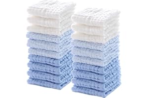 Breling 20 Pcs Baby Muslin Washcloth 12 x 12 Inch 100% Cotton Soft and Absorbent Muslin Washcloth Burp Cloth Wipe Newborn Face Towel for Baby Boy Girl Sensitive Skin(White, Light Blue, Blue)