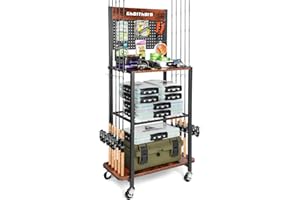 Ghosthorn Fishing Rod Holders for Garage Fishing Pole Holders Fishing Rack Hold up to 10 Rods Fishing rod Storage with Pegboard Hooks Fishing Rod Rack on wheels Fishing Pole Organizer Fishing Gear