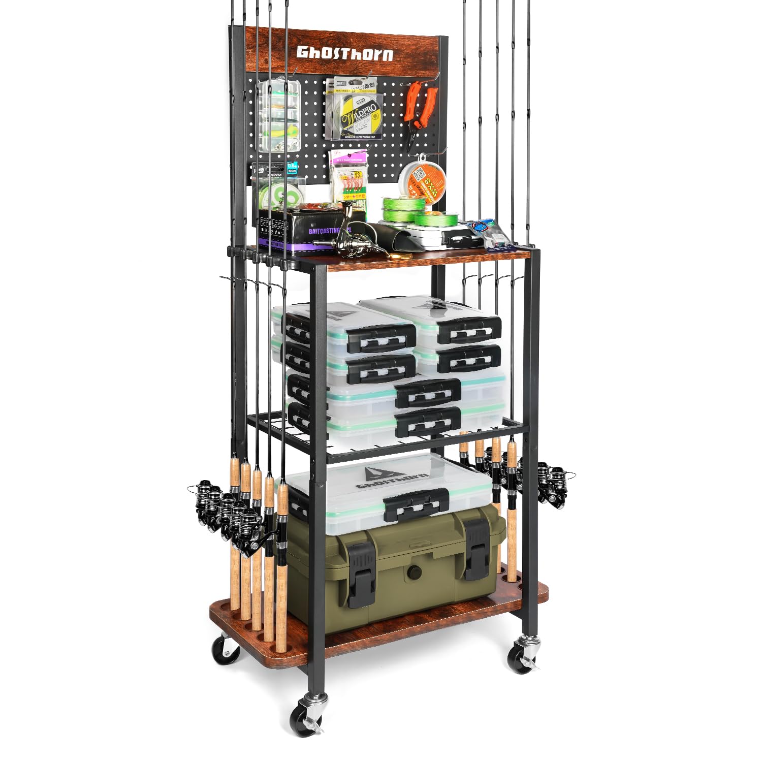 Photo 1 of Ghosthorn Fishing Rod Holders for Garage Fishing Pole Holders Fishing Rack Hold up to 10 Rods Fishing rod Storage with Pegboard Hooks Fishing Rod Rack on wheels Fishing Pole Organizer Fishing Gear