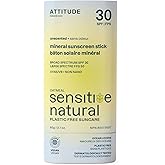 ATTITUDE Mineral Sunscreen Stick for Sensitive Skin, SPF 30, EWG Verified, Plastic-Free, Broad Spectrum UVA/UVB Protection with Zinc Oxide, Dermatologically Tested, Vegan, Unscented, 2.1 Ounces