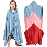 Hiturbo 3Pcs Kids Fleece Hooded Towel: Soft Plush Warm Blanket - 50"x30" Pool Beach Bath Swim Towel Wrap for 3-12 Yrs (Blue+Pink+Red)