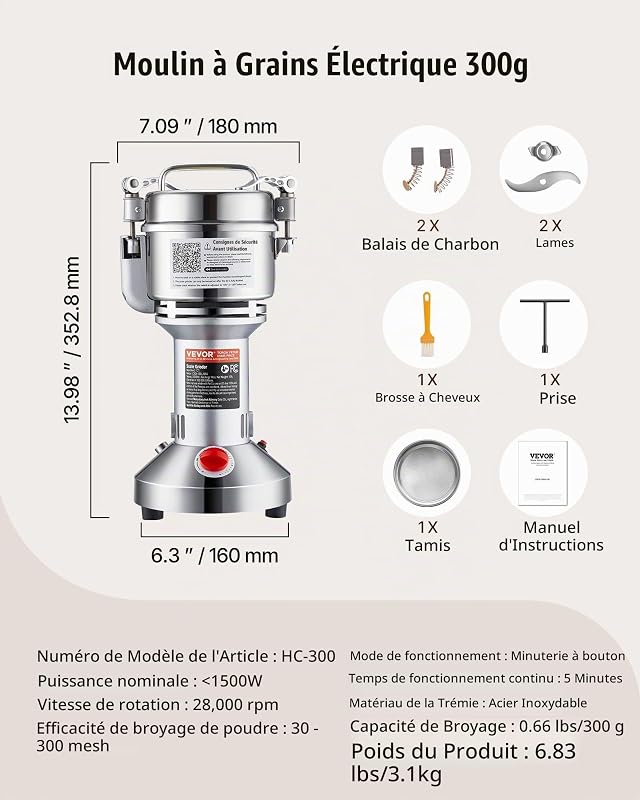 Moulin à Épices Électrique 300 g, Broyeur à Grains Commercial 1500 W Haute Vitesse, Moulin à Farine en Acier Inoxydable, Type Droit, pour Moudre Rapidement Céréales Épices Herbes Poivres