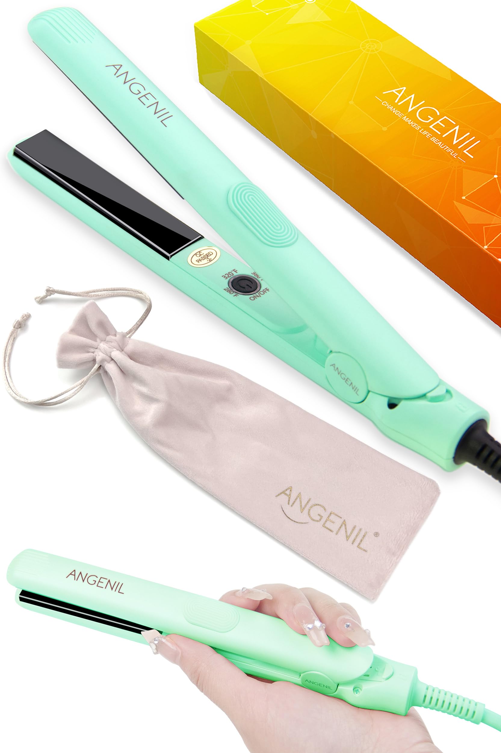 ANGENIL Pro Green Mini Straighteners Ceramic Plate, 2 in 1 Mini Hair Straightener and Curler, Dual Voltage Travel Small Flat Iron for Short Hair