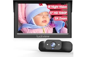 LUCKVIEW BM1 Baby Car Camera, 5'' 1080P Mirror Monitor with IR Night Vision, 3X Zoom in Closer, Full Crystal Clear View for Back Seat Rear Facing, 5 Mins Easy Installation Wired