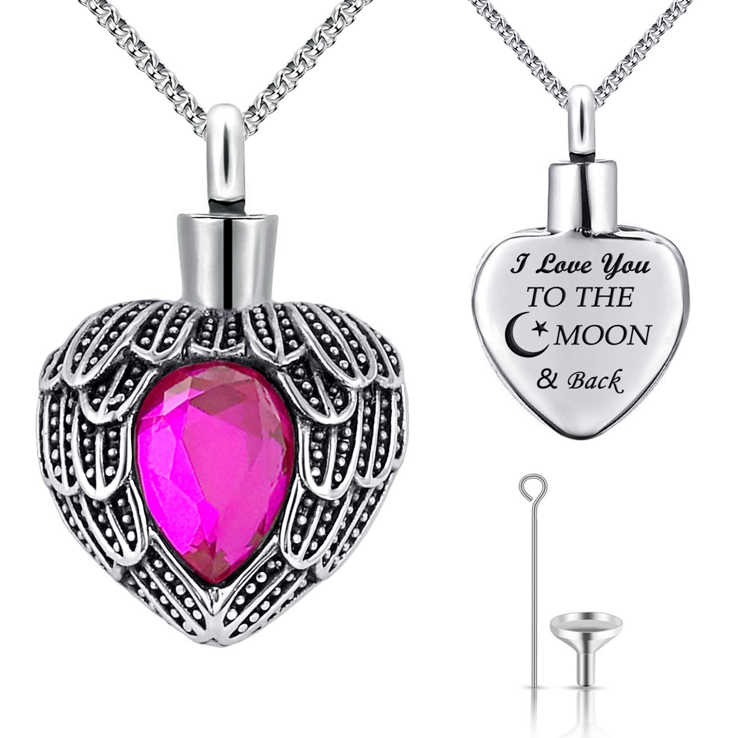 MUERDOU Urn Necklaces for Ashes Angel Wing Birthstone Charm Heart Cremation Jewelry Keepsake Holder Memorial Necklace Pendant