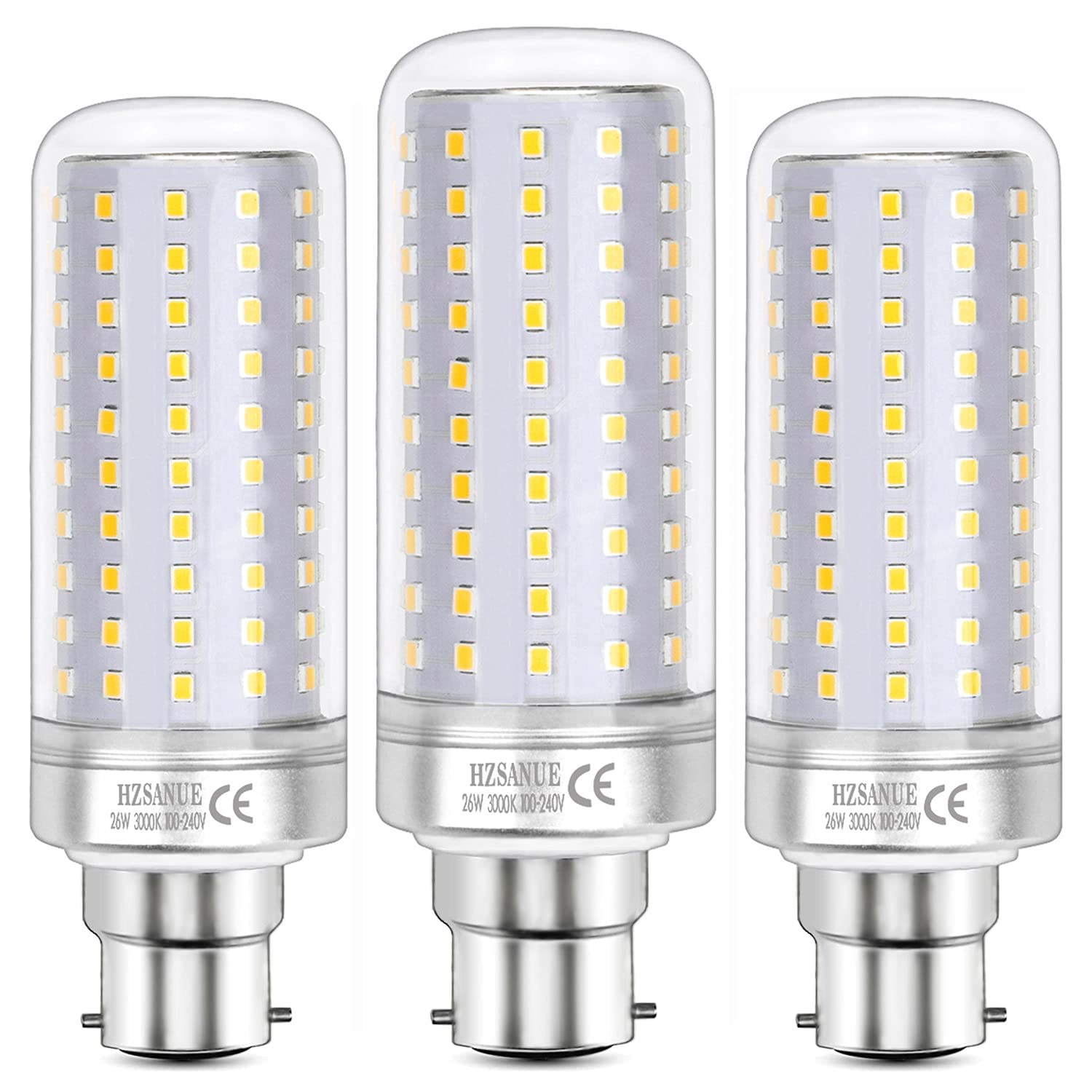 HZSANUE Led Light Bulbs 26W, 200W Incandescent Bulbs Equivalent, 3000Lm, 3000K Warm White, B22 Bayonet Cap, Pack of 3