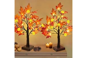 TURNMEON 2 Pack 24 Inch Prelit Fall Lighted Maple Tree Thanksgiving Decorations with 48 LED Timer 3D Pumpkin Lights 12 Acorns Battery Operated Tabletop Fall Tree Fall Thanksgiving Decor Autumn Harvest