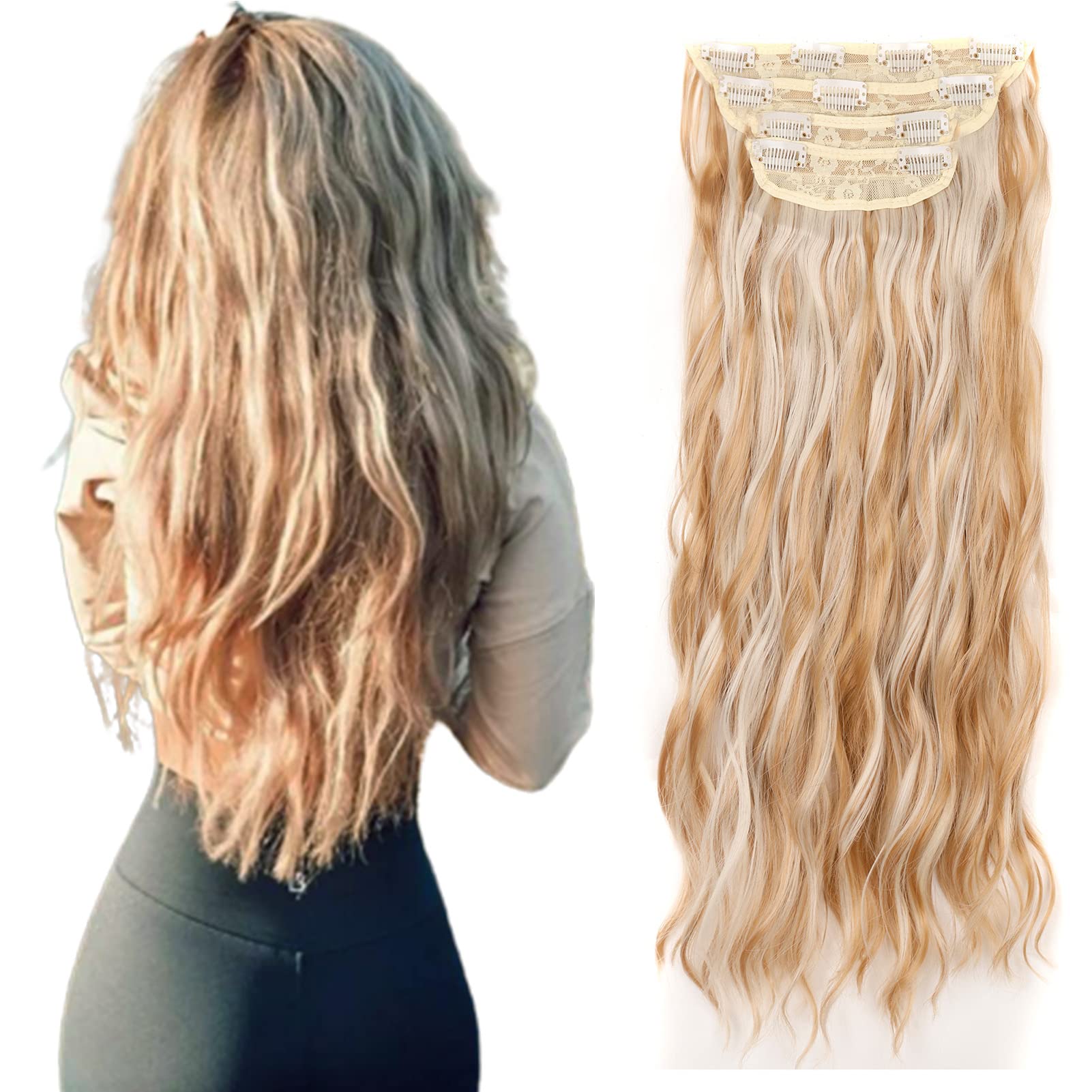 Gairyan Clip in Hair Extensions 4PCS Curly Wavy Long Hair Pieces Full Head Synthetic Hair Extension Thick Natural Look for Women, 22 Inches 180g, Ash Blonde & Platinum Blonde — image 1
