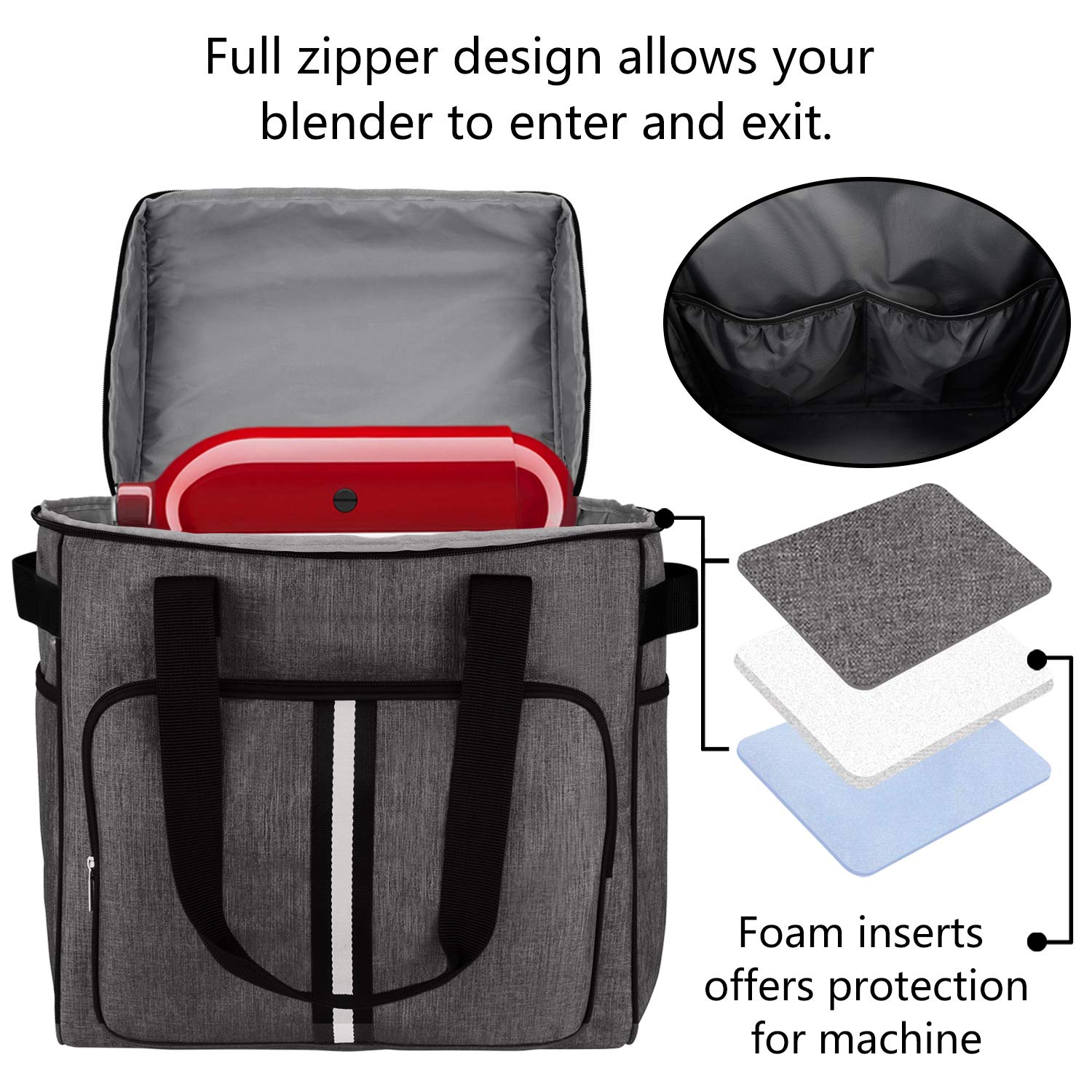 BAGLHER Heavy Duty Kitchen Mixer Cover for 6-8 Quart Stand Mixers, 2-in-1 Shoulder & Hand Carrying Case with Accessory Pockets (15”x10.5”x17”, Grey)