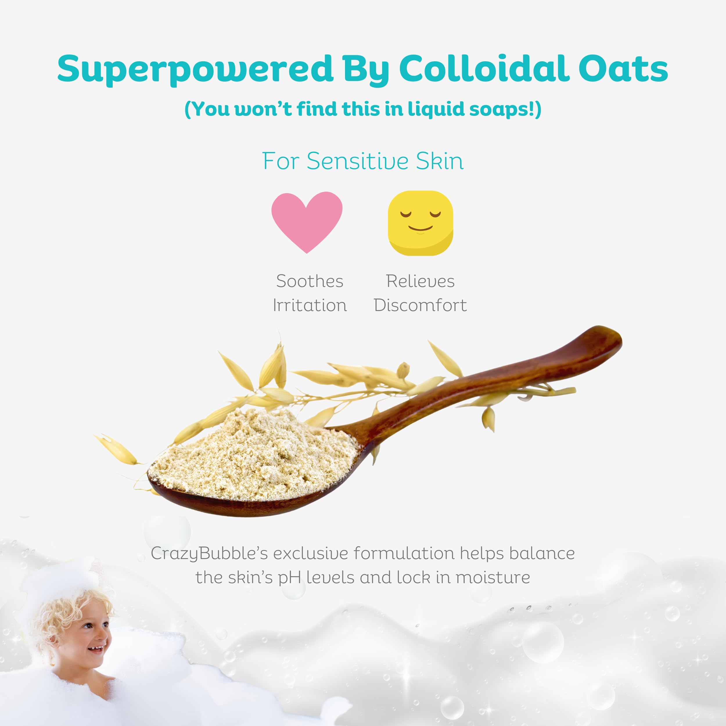 CrazyBubbles All Natural Bubble Bath for Kids & Baby, Hypoallergenic Bubble Bath Kids with Sensitive Skin, Gentle Eczema Safe Baby Essentials, Unscented Powder Mix with Colloidal Oats, Up to 30 Baths