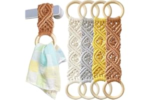 4 Pcs Boho Macrame Towel Holder Ring, Crochet Hanging Kitchen Dish Towel Holder, Handmade Kitchen Towel Hanger with Wood Hang