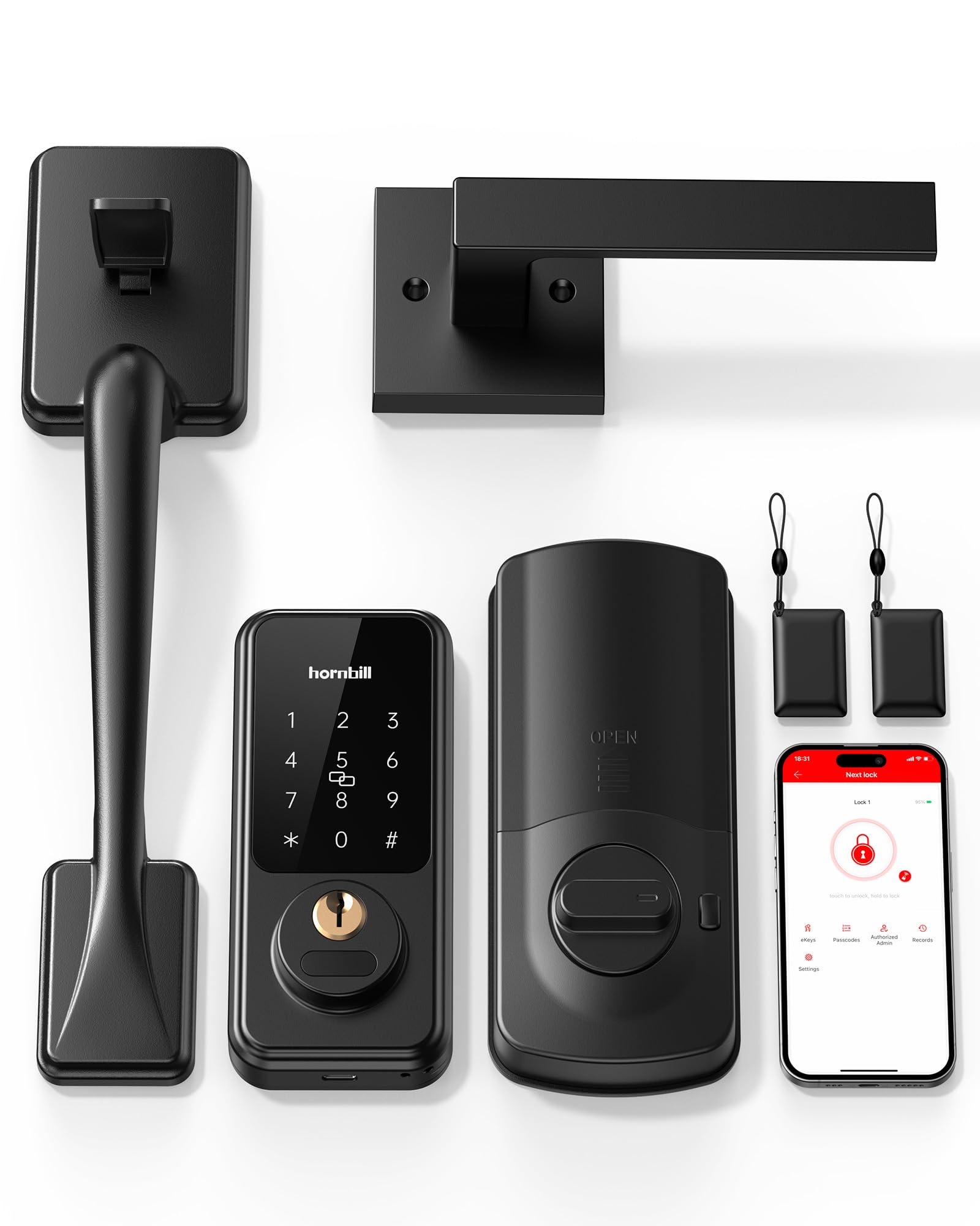 Photo 1 of Smart Keyless Entry Door Lock with Handle, Hornbill Front Door Lock Set, Keypad Code Deadbolt with Lever, Digital Touchscreen via Alexa/Bluetooth/Keyfob/Key