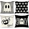 Halloween Pillows Covers 18x18 Set of 4 Black Cat Pumpkin Ghost Witch Hat Candy Corn Black Stripe Polka Dot Halloween Decorations Indoor Outdoor Decorative Throw Pillow Cases for Home Decor