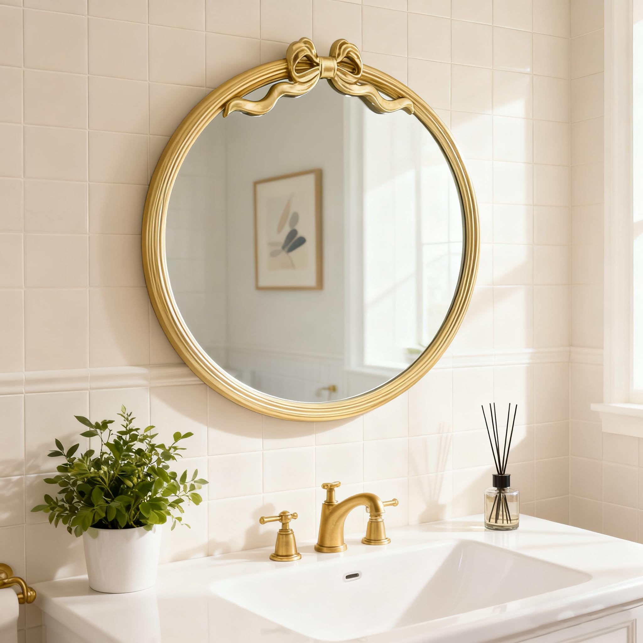 Photo 1 of 15.75" Gold Bow Decorative Round Mirror, Metal Frame Hanging Circle Mirror, Wall Mounted for Entryway, Bathroom, Vanity, Living Room